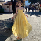 2025 Light Yellow Lattice Holiday Wind And Wind-Dew Back Dress Dopamine Island Beach Hanging Neck Beach Dress