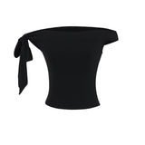 Zhao Luth's Same Red One-Word Shoulder Bow T-Shirt Girl Summer Sexy Hot Girl Short Repair Body