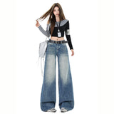 Spice Girls High Street Water Washed Flowers And Folds Design Vintage Embroidery With Loose Broad-Legged Straight Trousers