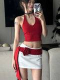 2026 Fried Street Suit Flower Belt Half-Dress Girl Summer Babes Hanging Neck Slings Net Red Dress Two-Piece