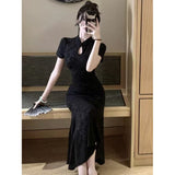 New Chinese Style Dark Flower Improved Cheongsam Women Summer Waist Thin Dress Buckle Design With The Hip Fishtail Skirt