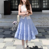 White Pear Water Hand-Scuttered Sky Silk Wisting Sky Sweet Top Blue Striped Wood Ear Half Skirt Set