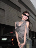 Summer Slim Ribbon Babes Design With A Thin Short Top White Print Neckless Vest T-Shirt Girl