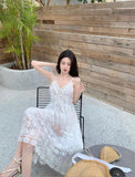Romantic Languid Retro Hollow Tidal Lace Dress Tie Seaside Holiday Dress Beach Dress