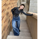 25 Autumn And Winter New Retro Fold Design High Waist Display Thin Leg Tug Jeans Women Blue Trousers