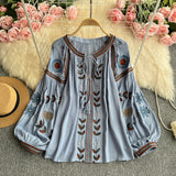 National Wind Heavy Industry Embroidery Round Tie With Lantern Sleeve Top Woman Autumn New Loose Thin Shirt Woman