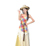 Xinjiang Sichuan West Travel Wearing Dopamine Yellow Lattice Folded Lace Yellow Skirt Three-Piece Set Of Women's Summer