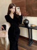Lightly Styled Temperament Yujie V Tie With Lace Dress Women Spring And Autumn New Waist Thin Bag Hip Fishtail Skirt
