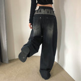 Korea Dongdaemun INS Retro After The Letter Design Feel Black Gray Loose Jeans LanÊÝ Trousers