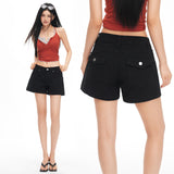 Spice Girls Loose Denim Shorts Summer New Back Pocket Embroidery Design Mid-Rise Hot Pants Black