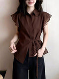 Design Sense Of The Color Small Clame Short-Sleeved Shirt Women Summer Small Man To Close The Waist Tied With Lotle Side Temperament Shoulder Coat