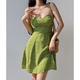 Fresh Girl Shoulder Tice Green Print Sling Dress Women Summer Waist Thin Dress Short Skirt
