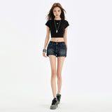 Vintage Low-Rise Double-Buckle Denim Shorts Women's Summer Design Feel-Up Elastic Skinny Hot Trousers