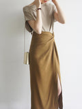 JOJOZ Mustard Mist Texture Cross Design High Waist Side Over The Knee Skirt Temperament Fashionable Girl Dress
