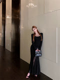 Large-Size Women's French Temperament Thin Dress Autumn Fat Mm Black Mesh Spliced Fishtail Skirt Inside The Long Skirt