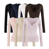 Lace V Collar Inside The Bottom Shirt Women's New Low-Collar Pure Sexy Tea Art Long-Sleeved White Top
