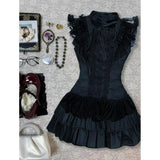French Retro Splicing Atmosphere Dating Wearing Lace Flying Sleeves Cake Dress