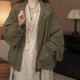 French Fine-Flash Fairy Dress / Silk Cotton Water Wash Retro Army Green Jacket Trench Coat