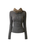 Autumn And Winter High-Looking Retro Temperament Gray Hair Collar Slimming Shirt Thigh Long-Sleeved T-Shirt Girl