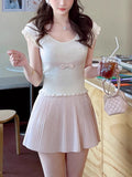 Powder Mint Thin Wool Bow Short-Sleeved Knitted Shirt Sweet Lace Top