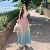 Korean Gradient Sling Dress Women 2026 Summer New Beach Temperament Seaside Holiday Dress Thin Super Fairy