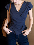 2026 Summer Beautiful Small Interior Design Feeling Unique Beautiful Blouse Important Occasion Blue V-Neck T-Shirt Girl