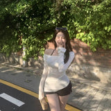Spice Girls Sexy Slanted Shoulder Long Sleeve T-Shirt Girl Summer Repair Sunscreen Shirt Irregular Casual Chic White Teater
