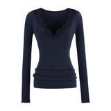 Lace V Collar Inside The Bottom Shirt Women's New Low-Collar Pure Sexy Tea Art Long-Sleeved White Top