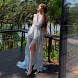 The Sunset Vine 2026 New Temperament High-Rise Thin Splicing Fishtail Long Hanging Neck Dress Woman