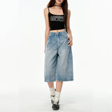 Cream Blue Seven-Point Trousers Summer Thin Straight Loose Thin Denim Trousers 2025 Burst Spandex
