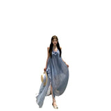 Island Holiday Wear Design Atmosphere With Blue Flowers Hanging Back Folds High-End Dress