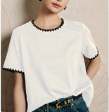 Clamming Lace Embroidery Round Collar Shoulder Short-Sleeved T-Shirt Topess Women 2025 Summer