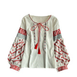 Small-Sized Retro National Wind Embroidery Round Tie With Lantern Sleeve Shirt Women Loose And Thin Top Tide