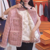 Pink Small Fragrant Wind Inside The Cotton Coat Women's New Winter Coarse Flowers, The Famous Wind Top Women's Coarse Flowers Women's Clothing