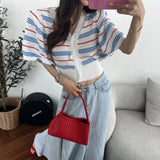 Korean Chic French Temperament Summer New Bubble Sleeve Single Buckle Thin Shoulder V-Neck Knitted Short-Sleeved Woman