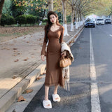 Sexy V-Neck Lace Spliced Long-Sleeved Dress Women In Autumn With Big Coats Small Man Toss Long Dress