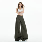 New Lazy Trend Brand Design Army Green Leisure Pants Women Summer High-Waist Loose Broad Leg Pants Drag Floor Trousers