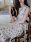 [Song Moon] High-Level Temperament Wave Dot Dress Female Side Of The Waist Linen Cotton French Dress