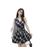 Hottie Lattice Hanging Neck Dress Women's New Summer Waist Thin Splicing Niche 100 Fold A Word Short Skirt Tide