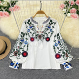 Spring And Autumn Retro National Style Temperament Long-Sleeved Round Collar Collar Embroidered Loose Shirt Female Air Doll Shirt