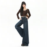 Vintage Micro-Horn Jeans Women Spring And Autumn High Waist Hanging Feeling Niche Front Pocket Elastic Broad Leg Trousers Trousers