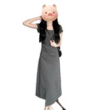 Round Collar Folded Waist Dress Women's Summer 2026 New Gray Small French A-Word Long Dress
