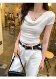 0829# Folded Design Sense Chestless Cushion Integrated Short-Sleeved T-Shirt Repair Pure Color Carefully Hottie Top