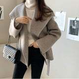Korean Chic Autumn And Winter Retro Temperament Simple High-End Feeling Big Collar Strapped Haired Coat 2 Colors