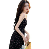 Gentle Wind Black Broken Flowers Hanging Tie Dress Women's Dress 2026 Summer New Small Man He Style Dress