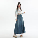 Vintage Washing Denim Half-Dress Woman Autumn A Big Skirt Splicing Medium Long Skirt High Waist Retro Style