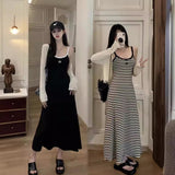 Yuyue Yue Striped V-Neck A-Character Sling Dress Woman Xia Han Casually Repair Waist-Skinny Dress