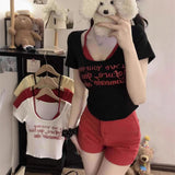 5089 # People Cotton Pure Want To Fake Two Shoulders Short-Sleeved T-Shirts 2025 Summer Slim Sweet Waist Top