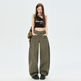 New Army Green Vintage Design Sense Big Pocket Knife Jeans Women's Drag Broad Legs