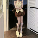 Summer Slimming Design Pure Lusty Sweet Sleeveless Hanging Neck Shirt Top + Half-Dress Skirt Set Woman